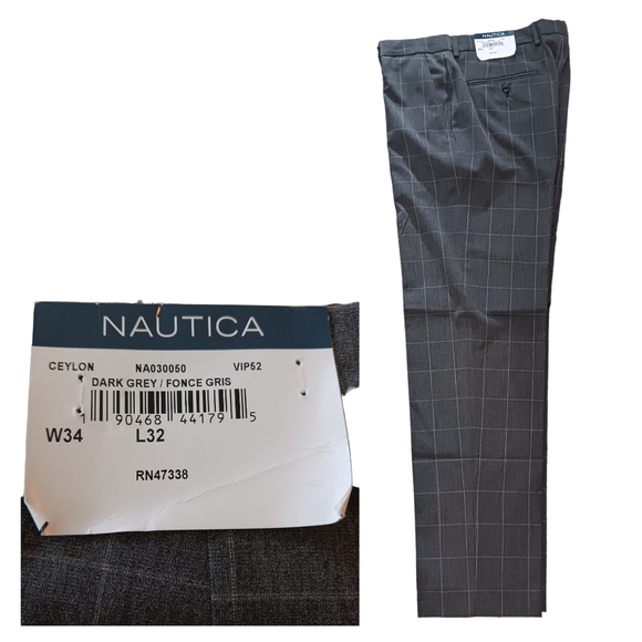34 x 32 Nautica Mens Trousers Ceylon Charcoal Gray Business Formal Window Pane - Picture 1 of 4